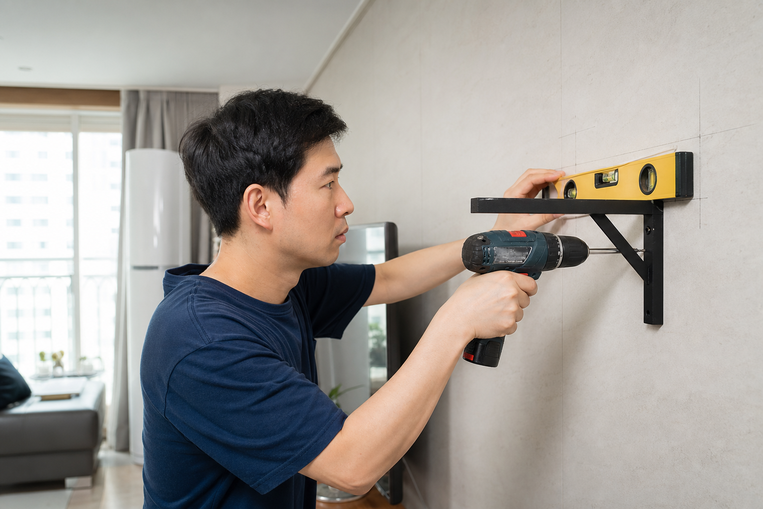 전동드릴로 벽 부속을 고정하는 생활 수리 장면