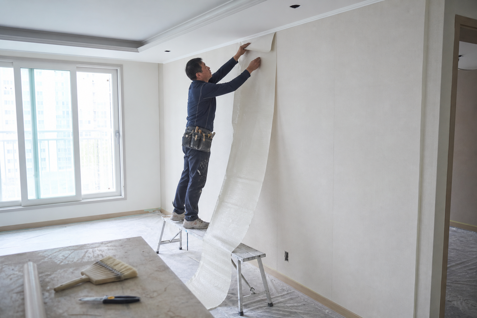 붓과 트레이로 마감하는 도장 작업 장면